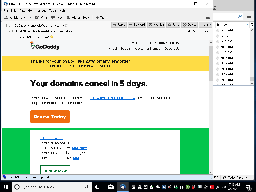 a screenshot of an email from Godaddy saying my renewal will be $499.99