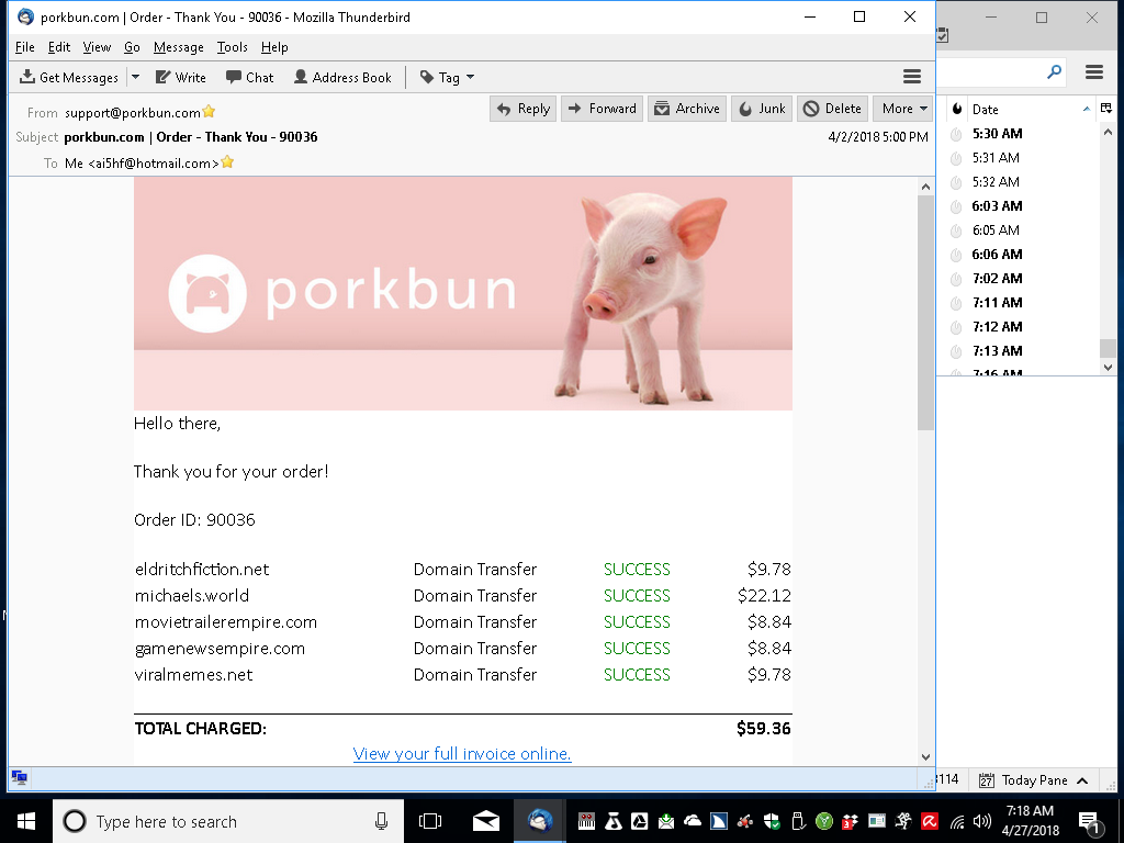 A screenshot of an email from porkbun where michaels.world costs $22.12