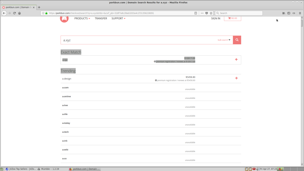 A screenshot of a domain search page, with a.xyz costing over $10,000